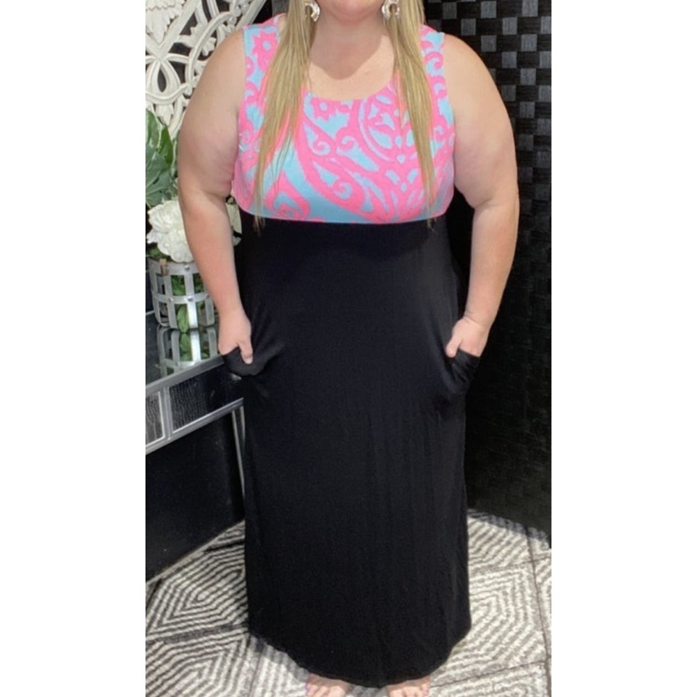 Heimish neon coral/aqua top & black bottom maxi dress